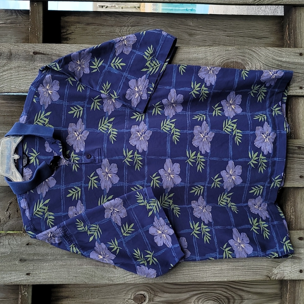 Monterey Club mens Lg polo, cotton tropical print, blue w lavendar/green